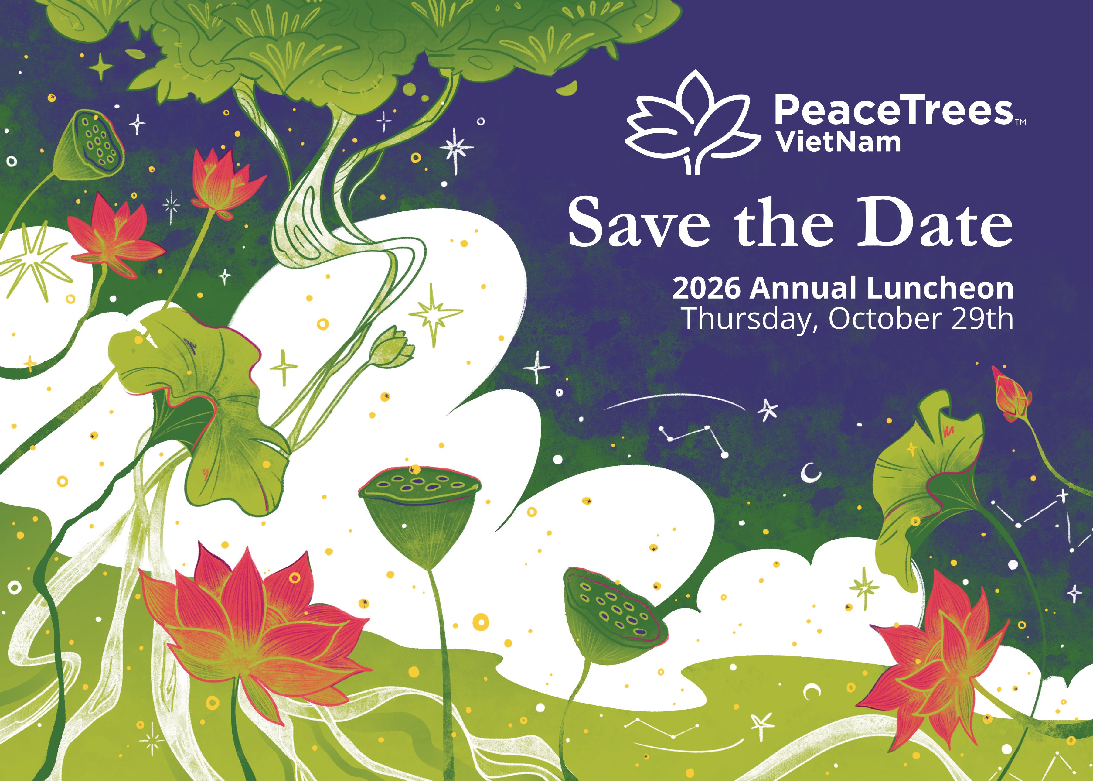 Postcard featuring lotus and lilypad artwork with the headline 'Save the Date: Annual Luncheon 2026'